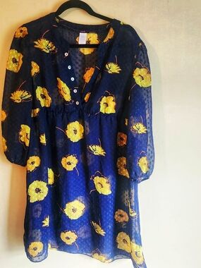 mark. Navy Blue Sheer Tunic with Yellow Floral Print